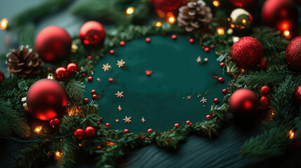 Festive Christmas decorations with red ornaments and pine branches creating a cozy holiday atmosphere Generative AI