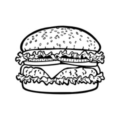 burger hand drawn, cheeseburger outline, fast food logo, sandwich graphic, snack meal vector, restaurant symbol, junk food design, tasty burger illustration