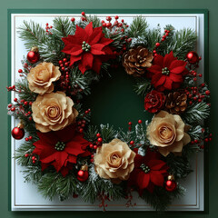 Beautiful Christmas wreath with red and gold decorations and green foliage for festive holiday decor Generative AI