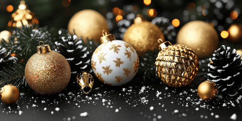 Decorative golden and white ornaments arranged with pine cones on a dark surface for a festive holiday setting Generative AI
