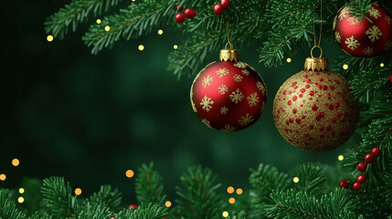 Festive Christmas ornaments hanging on a green tree with twinkling lights creating a warm holiday atmosphere Generative AI