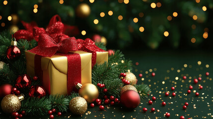 Decorative Christmas gift on a table surrounded by festive ornaments and lights during the holiday season Generative AI