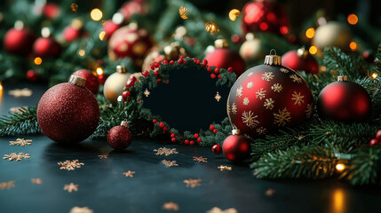 Beautifully arranged Christmas ornaments and greenery bring festive charm to a cozy holiday setting in soft evening light Generative AI