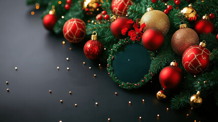Festive holiday decorations with red and gold ornaments on green foliage and a dark surface Generative AI