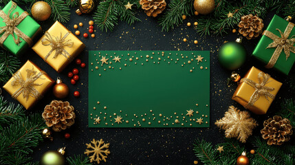 Holiday gift arrangement with presents and decorations on a dark background during the festive season Generative AI