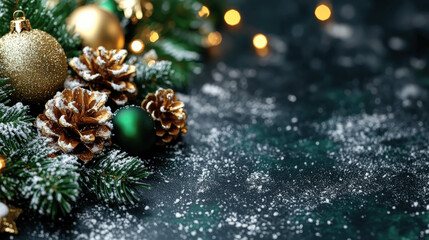 Festive holiday decoration featuring pinecones, ornaments, and twinkling lights on a dark surface with snow-like effects Generative AI