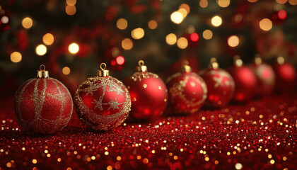 Red Christmas ornaments arranged on a sparkling table and glowing with festive lights in a cozy setting Generative AI