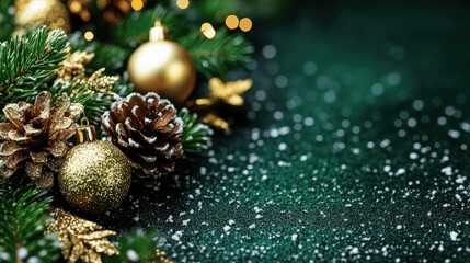 Winter holiday decorations with golden ornaments and pinecones on a dark green background covered in snow Generative AI