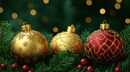 Festive Christmas ornaments in gold and red placed among green pine branches with blurred lights in the background Generative AI