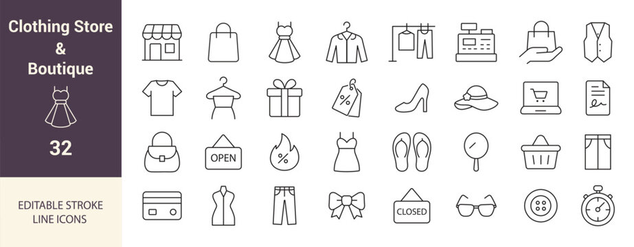 Clothing Store and Boutique Line Icon Set. Dress, Fashion, Shopping Bag, Shoes, Hanger, and Apparel Icons