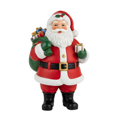 Fototapeta premium A cheerful Santa Claus figurine in a classic red suit holding a gift and a green sack of presents.