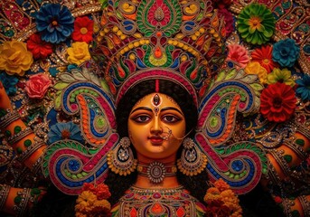 Fototapeta premium Close up of a durga idol with intricate details and vibrant colors and floral decorations around it