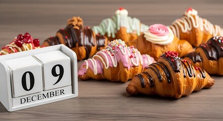 A festive assortment of decorated croissants and a wooden block showing december 9th on a rustic table