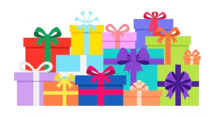 Bright colorful gift boxes with ribbons and bows arranged in a festive stack on white background, perfect for packaging design, celebration illustrations, greeting cards, and creative holiday projects