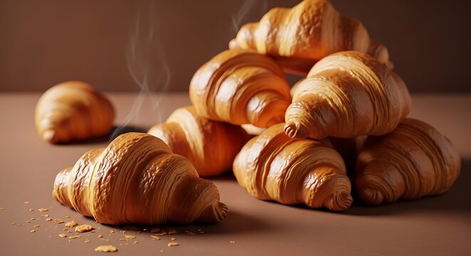 A pile of freshly baked golden brown croissants with steam rising, a delicious breakfast pastry
