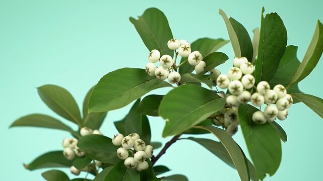 Close Up of White Berries and Green Leaves Against a Teal Background