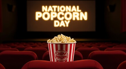 National popcorn day celebration in cinema with bucket of popcorn on red seat