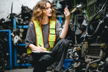 Female technician examine used car damaged engine block at scrapyard warehouse recycle scrap part....