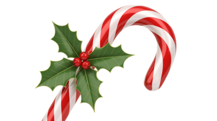 Festive candy cane with holly berries, a classic symbol of holiday cheer and sweet traditions, perfect for Christmas cards and seasonal designs