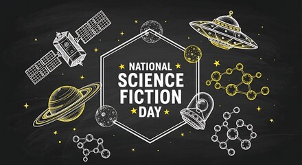 National science fiction day celebration with space elements like satellite, ufo, and planets drawn on chalkboard