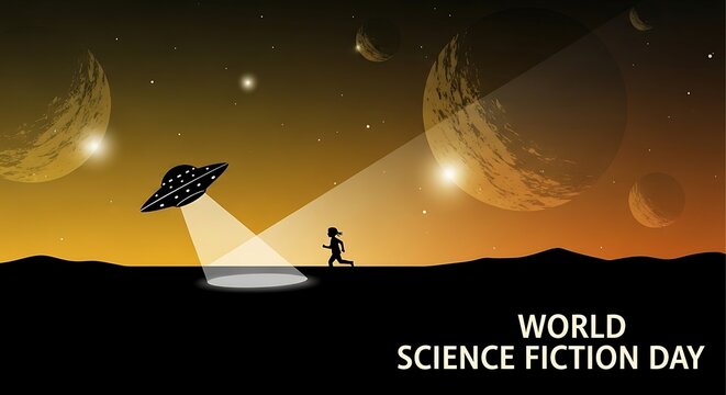 World science fiction day celebrated with a ufo beaming down on a person in a stylized alien landscape