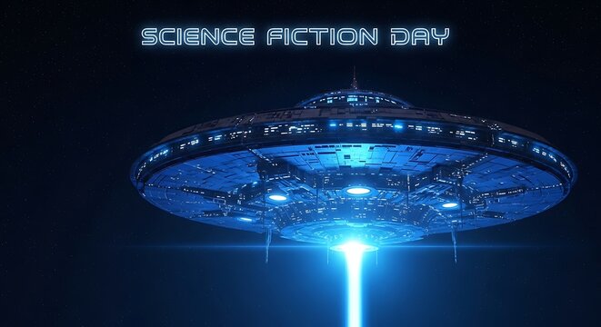 Science fiction day text above a glowing alien spaceship - Powered by Adobe