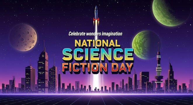 National science fiction day celebrated with futuristic city skyline and rocket launch - Powered by Adobe