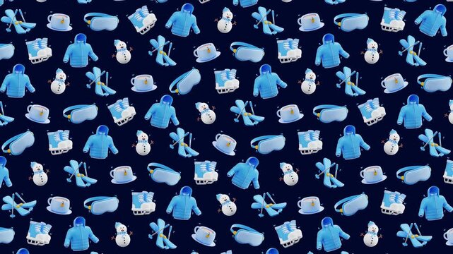 4K Cute Winter Sports Gear Objects Seamless Pattern Animation Loop
