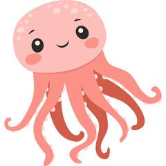 Cute Pink Jellyfish Illustration On Transparent Background, Cartoon Style, Adorable Sea Creature With Tentacles and Smiling Face