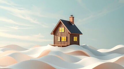 Cozy wooden house nestled on a snowy hill under a clear blue sky