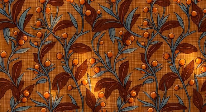 Seamless Botanical Pattern with Stylized Orange Berries and Brown Leaves on Textured Gold