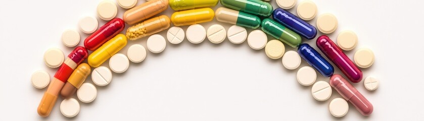 Colorful arrangement of capsules and tablets forming a rainbow shape on a white background showcasing health and wellness themes