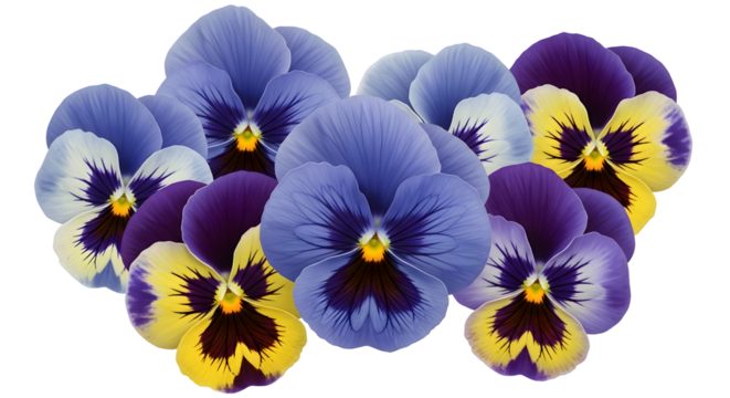 A detailed illustration of a beautiful cluster of viola tricolor flowers, showcasing their striking blue, purple, and yellow petals against a clean white backdrop