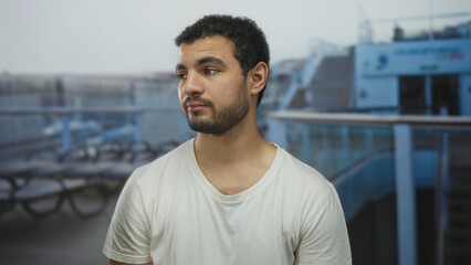 Man with beard and white shirt tilts head with closed eyes beside boat railing in building; quiet...