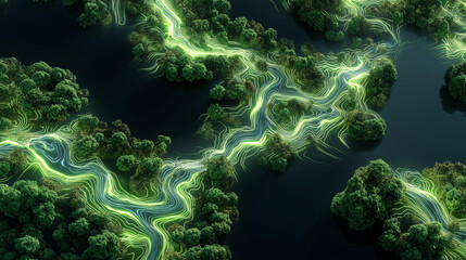 ai glowing circuit lines integrated with natural rivers and trees