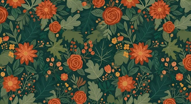 Fototapeta Vibrant Autumnal Floral Pattern with Green Leaves and Orange Berries on Dark Background