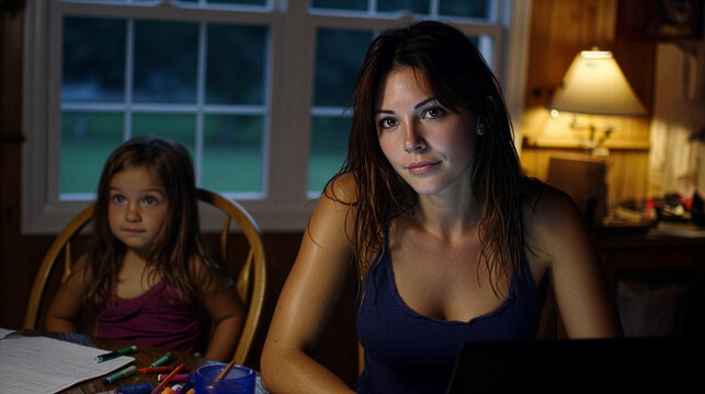 Working Mom Using Laptop at Night with Child Beside Her - Work-Life Balance