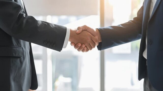 明るいオフィス空間で交わされる二人の握手を捉えた手元クローズアップ