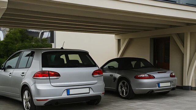 植栽とカーポートバルコニーが調和するスタイリッシュな家の景観