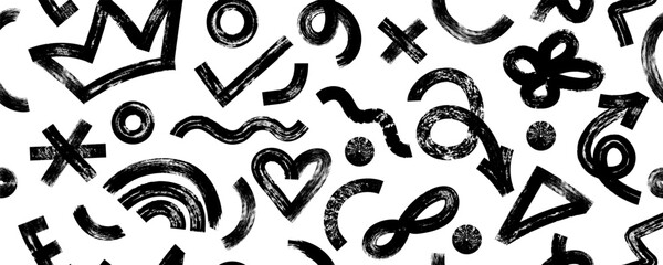 Seamless pattern with naive brush drawn abstract shapes in doodle style. Bold black marker brush drawn various elements print. Modern print for fabric, textiles, wrapping paper.