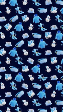 4K Seamless Winter Pattern Cartoon Items Floating 3D Loop Animation Background