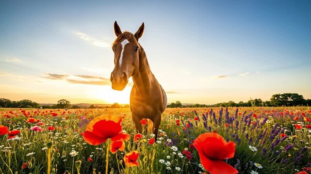 A Beautiful Chestnut Horse Standing Amidst a Vibrant Field of Wildflowers at Sunset, Highlighting Nature's Beauty and Serenity in a Picturesque Landscape.