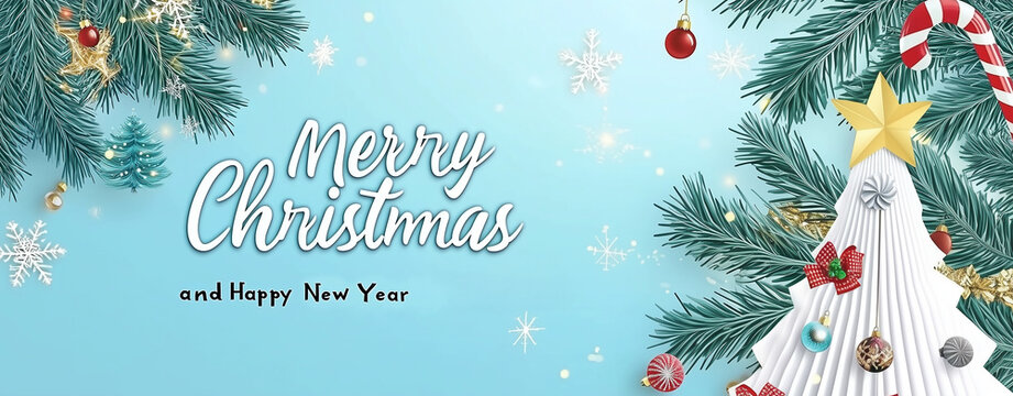 "Merry Christmas and Happy New Year" texte en anglais fond bleu branches de sapin, d&eacute;corations de no&euml;l et sapin blanc &eacute;toil&eacute;, espace n&eacute;gatif copyspace pour no&euml;l  f&ecirc;tes de fin d&rsquo;ann&eacute;e et nouvel an