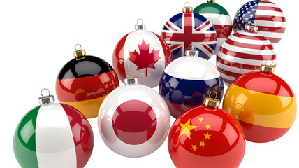Festive holiday ornaments showcasing flags of the world, a symbol of global unity and celebration, perfect for seasonal greetings and international themes