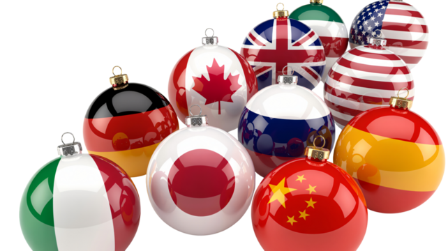 Festive holiday ornaments showcasing flags of the world, a symbol of global unity and celebration, perfect for seasonal greetings and international themes