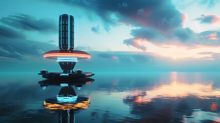 Obraz premium Floating Futuristic Energy Tower Over Calm Water Representing Modern Renewable Innovation