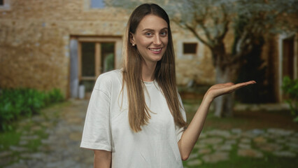 Woman presenting palm up and smiling at stone house entrance building, holding out hand in greeting; welcome warmth comfort.
