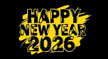 Happy new year 2026 bold text design with yellow brush strokes on black background