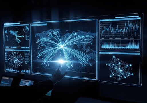 Man interacting with a global business data dashboard. Digital analytics and world map network lines for financial technology and international statistics concept.