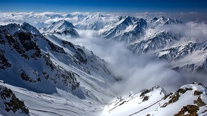 Majestic snow-covered mountain range with fog rolling through the valleys, blue sky above - Powered by Adobe